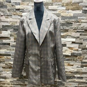 Woman Plaid Blazer - Gray and Brown